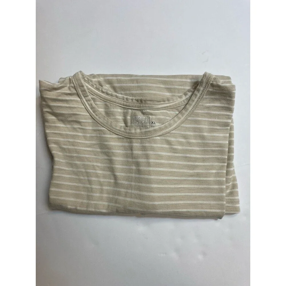 Time and Tru Women's Beige White Striped Crew Neck Short Sleeve T-Shirt XL